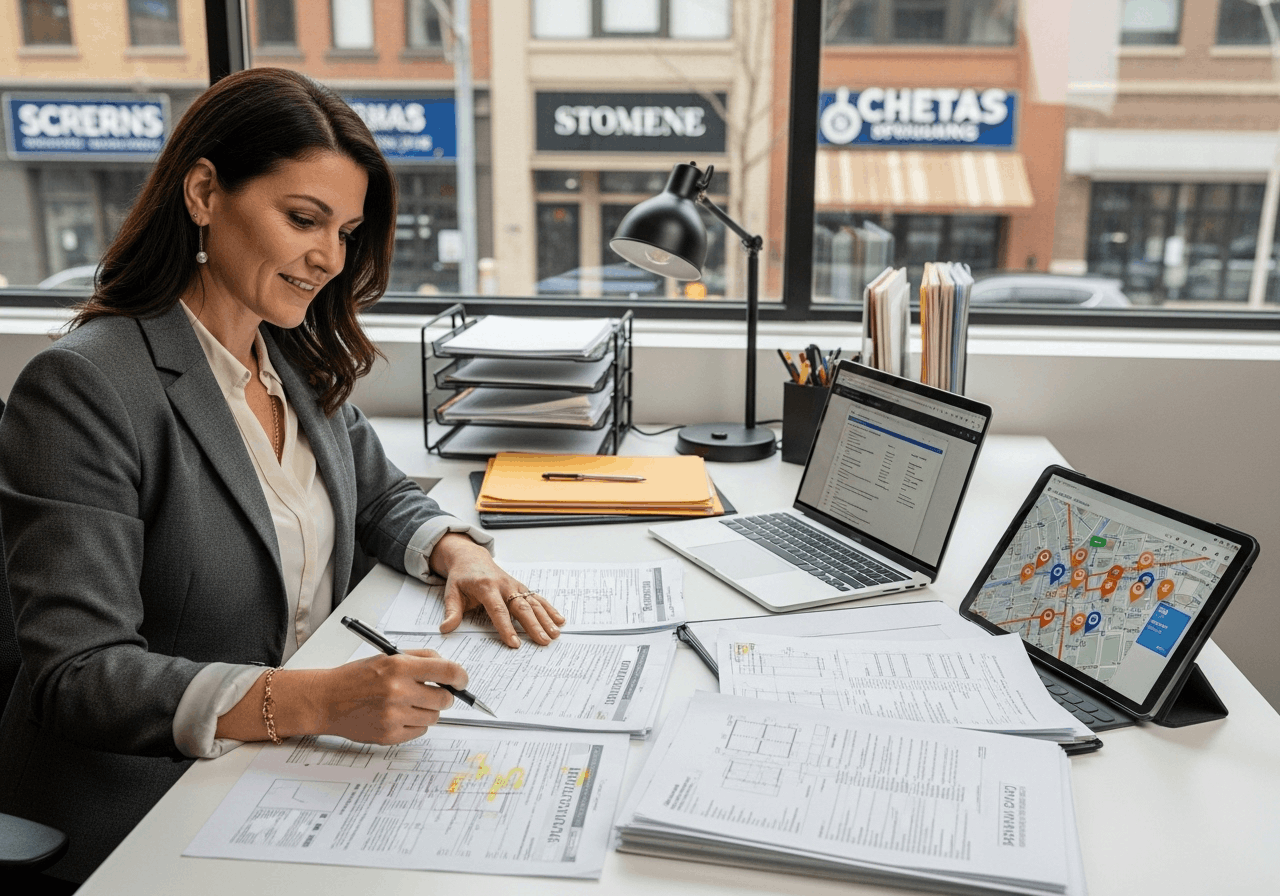 Sign permit specialist reviewing commercial permit documents and municipal requirements at a workstation.