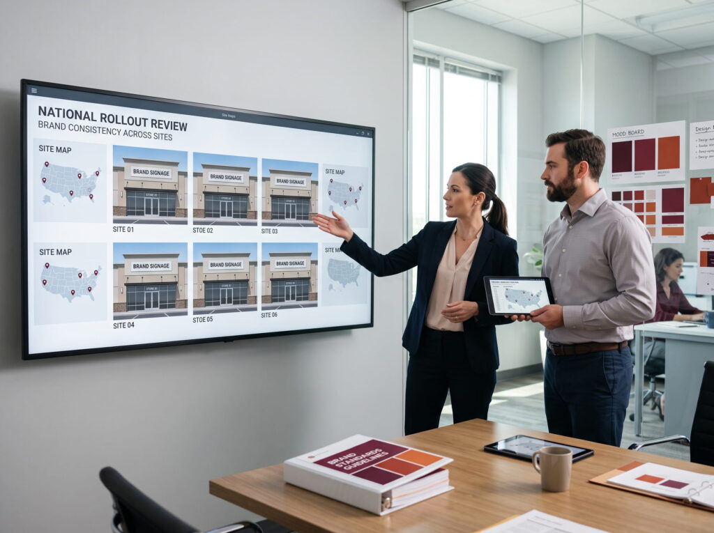 Property managers reviewing multi-location sign compliance, branding standards, and commercial signage plans for permit coordination.