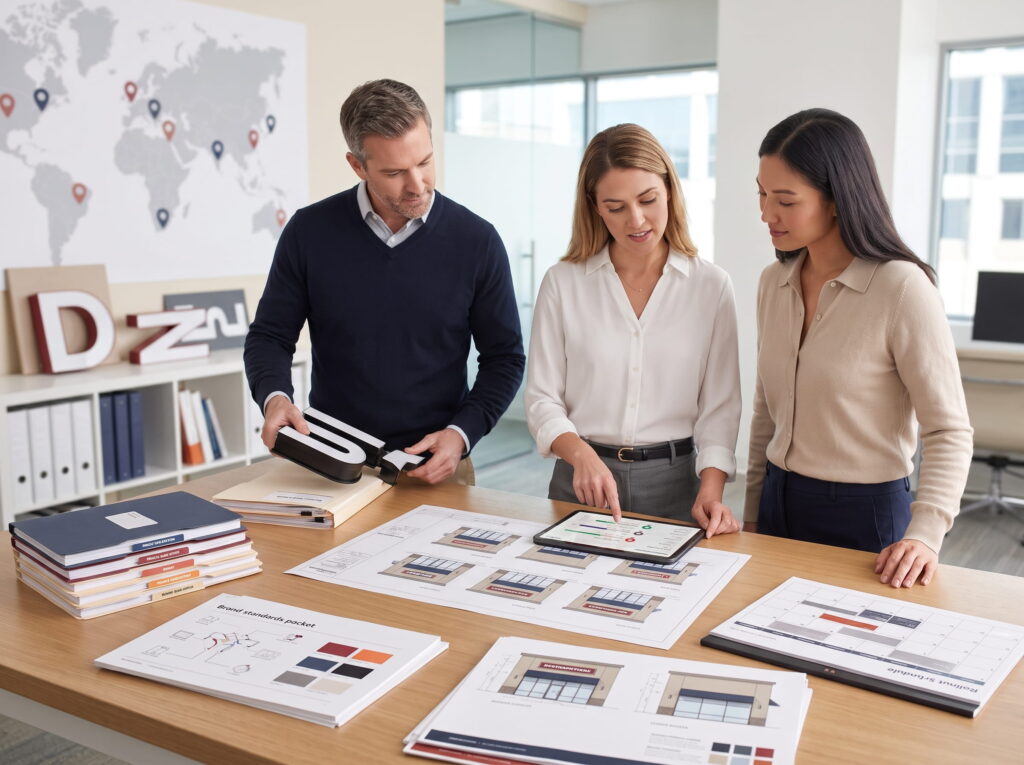 Sign permit specialists reviewing franchise rollout plans, commercial sign drawings, and permit documents for multi-location projects.
