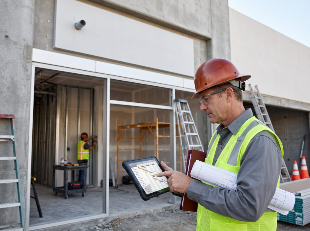 Sign permit specialists conducting a site survey and taking field measurements for a commercial sign installation project.