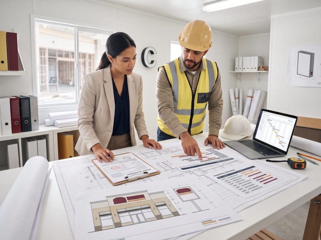 Sign permit specialist reviewing commercial sign plans and code requirements with an architect during project planning.