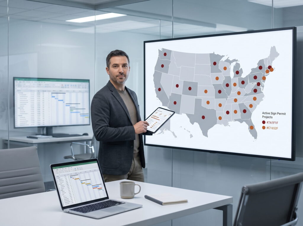 Sign permit project manager coordinating nationwide commercial sign permits using maps, project files, and digital planning tools.