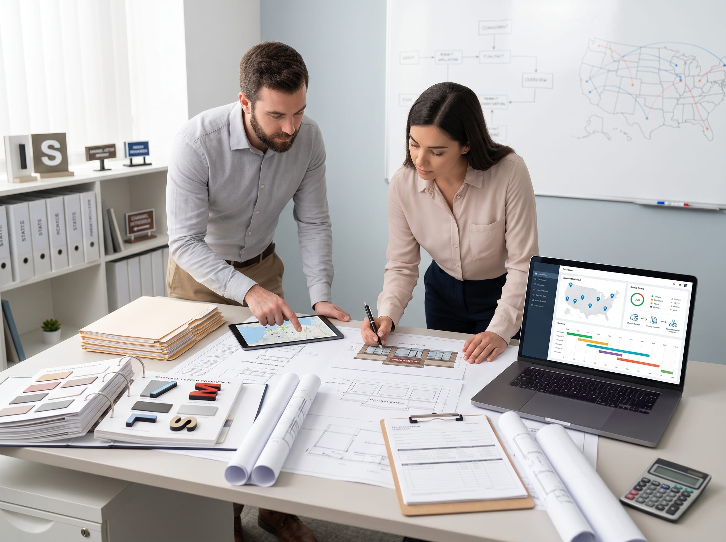 Two sign permit specialists reviewing commercial sign plans, permit documents, and site maps for a permit application.